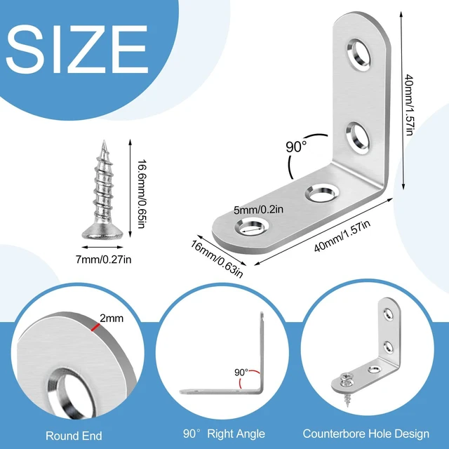 Alt view image 2 of 7 - 16 Pcs L Bracket Stainless Steel Corner Brace Sets, 90 Degree Right Angle Brackets with 64 Pcs Screws, L Bracket Firmware for Wooden Shelves, Chairs, Tables, Dressers, Furniture (Silver)