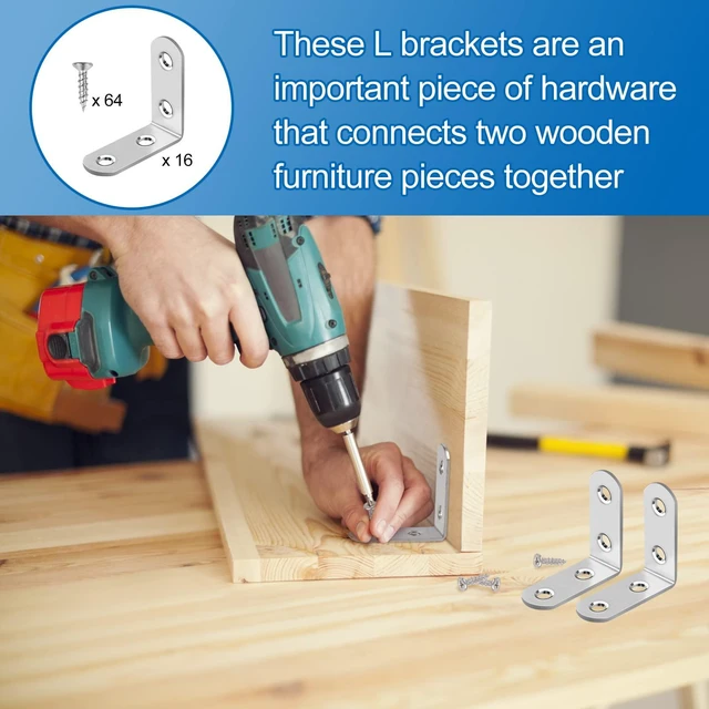 Alt view image 7 of 7 - 16 Pcs L Bracket Stainless Steel Corner Brace Sets, 90 Degree Right Angle Brackets with 64 Pcs Screws, L Bracket Firmware for Wooden Shelves, Chairs, Tables, Dressers, Furniture (Silver)