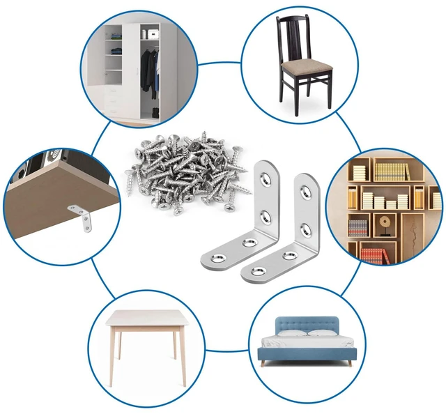 Alt view image 6 of 7 - 16 Pcs L Bracket Stainless Steel Corner Brace Sets, 90 Degree Right Angle Brackets with 64 Pcs Screws, L Bracket Firmware for Wooden Shelves, Chairs, Tables, Dressers, Furniture (Silver)