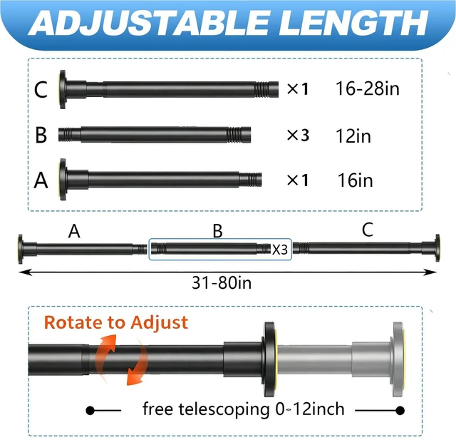 Alt view image 4 of 7 - 1" Heavy Duty Black Shower Curtain Rod 31 to 80 Inch,Adjustable | Stainless Steel Tension Curtain Rod Non slip, No Drill Shower Rods for Bathroom,Easy Install