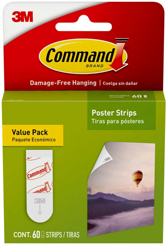 Main image of Poster Strips, 60 Strips | Damage-Free Hanging Poster Hangers, No Tools Great for Home, Room, Wall, and Office Decor, White Adhesive