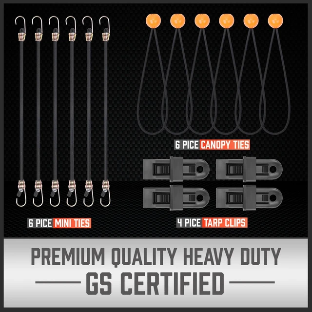 Alt view image 4 of 7 - 31-Piece Premium Bungee Cords Assortment Jar, Includes 10,18,24,32,40 Bungee Cords, 6 Zip Ties, 8Canopy/Tarp Ball Ties and Crocodile Mouth Tarp Clips