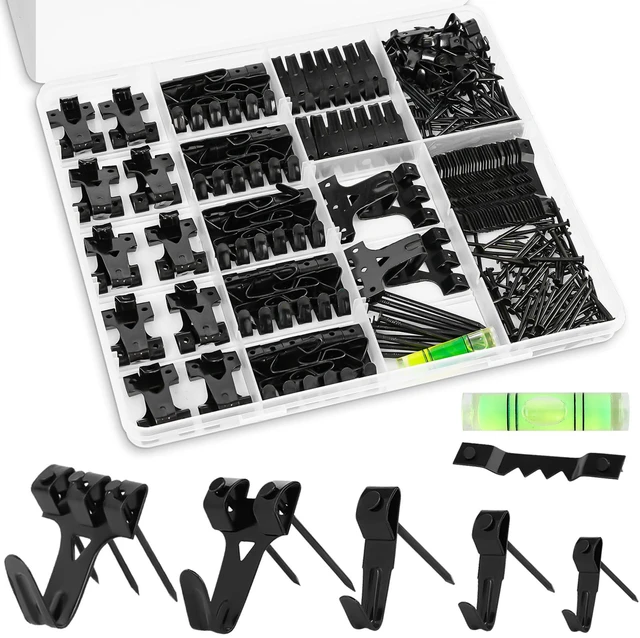 Main image of Picture Hangers, 385Pcs Picture Hanging Kit with Heavy Duty Picture Hanging Hooks, Sawtooth, Hardware Nails and Picture Hanging Tool, Wall Hangers for Frame, Painting, Art, Photo (Black)