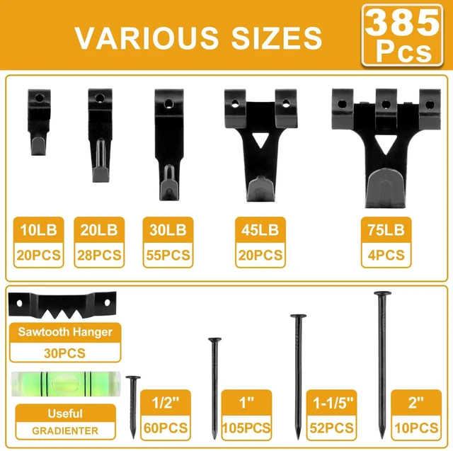 Alt view image 3 of 7 - Picture Hangers, 385Pcs Picture Hanging Kit with Heavy Duty Picture Hanging Hooks, Sawtooth, Hardware Nails and Picture Hanging Tool, Wall Hangers for Frame, Painting, Art, Photo (Black)
