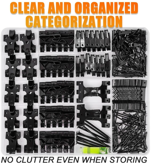 Alt view image 4 of 7 - Picture Hangers, 385Pcs Picture Hanging Kit with Heavy Duty Picture Hanging Hooks, Sawtooth, Hardware Nails and Picture Hanging Tool, Wall Hangers for Frame, Painting, Art, Photo (Black)