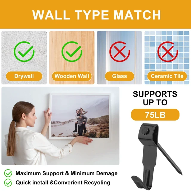 Alt view image 7 of 7 - Picture Hangers, 385Pcs Picture Hanging Kit with Heavy Duty Picture Hanging Hooks, Sawtooth, Hardware Nails and Picture Hanging Tool, Wall Hangers for Frame, Painting, Art, Photo (Black)