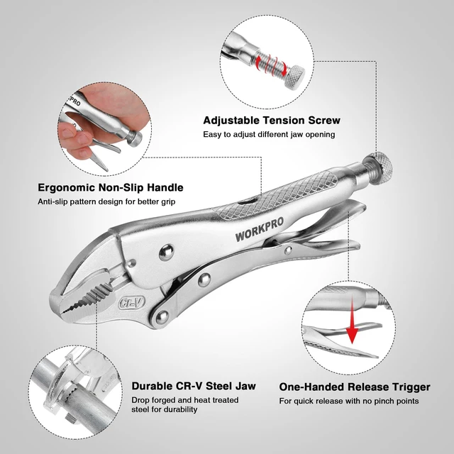 Alt view image 3 of 7 - Locking Pliers, 10-inch Curved Jaw Vice Grips pliers | Chromium-Vanadium Steel Locking Pliers with Wire Cutter, Locking Adjustable Vise Grips for Clamping Twisting Welding