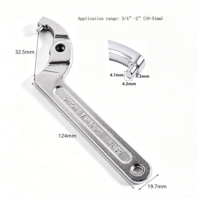 Alt view image 2 of 3 - Chrome Vanadium C Pin Spanner Adjustable Hook Wrench, Round Head 19-51mm