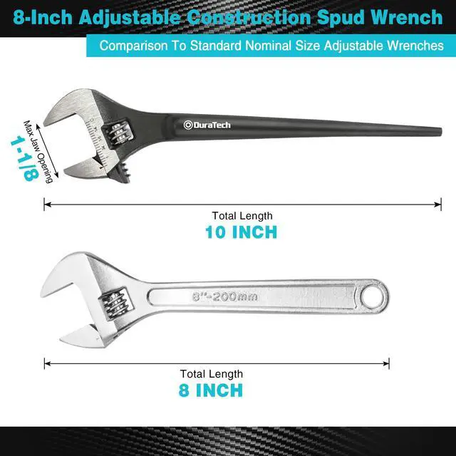 Alt view image 2 of 7 - 8-Inch Adjustable Construction Spud Wrench | Black Oxide Finish, CR-V Steel, SAE and Metric Scale Marked, Alignment Holes and Tail Crowbar Features