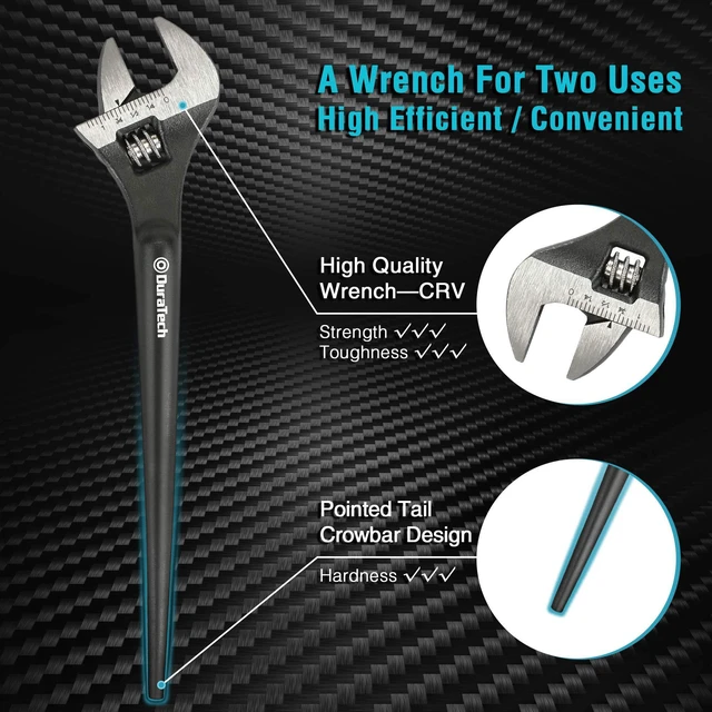 Alt view image 3 of 7 - 8-Inch Adjustable Construction Spud Wrench | Black Oxide Finish, CR-V Steel, SAE and Metric Scale Marked, Alignment Holes and Tail Crowbar Features