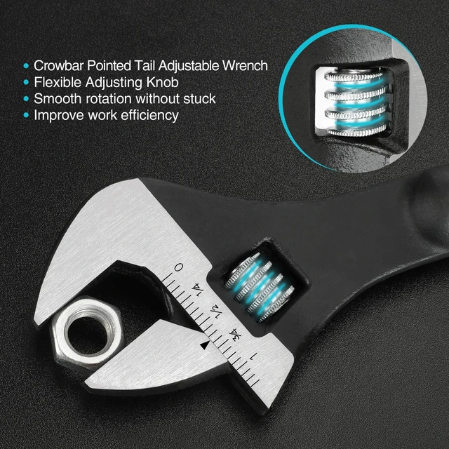 Alt view image 5 of 7 - 8-Inch Adjustable Construction Spud Wrench | Black Oxide Finish, CR-V Steel, SAE and Metric Scale Marked, Alignment Holes and Tail Crowbar Features