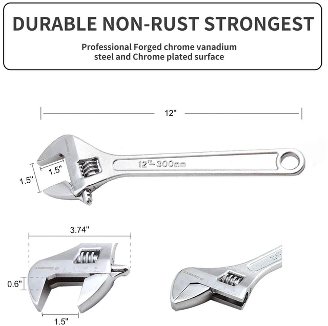 Alt view image 3 of 7 - 12 Inch Adjustable Wrench Professional Hand Tool CR-V Steel Crescent Wrench