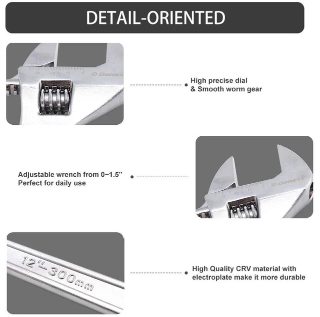 Alt view image 4 of 7 - 12 Inch Adjustable Wrench Professional Hand Tool CR-V Steel Crescent Wrench