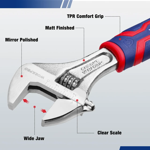 Alt view image 3 of 7 - 6-Inch Adjustable Wrench, Wide Jaw, Metric/SAE Scales | Rubber Anti-Slip Grip, Premium Cr-V Steel, Chrome-Plated Finish for Strength and Corrosion Resistance