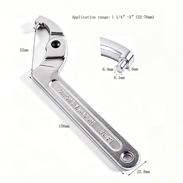 Alt view image 2 of 3 - Chrome Vanadium C Pin Spanner Adjustable Hook Wrench, Round Head 32-76mm