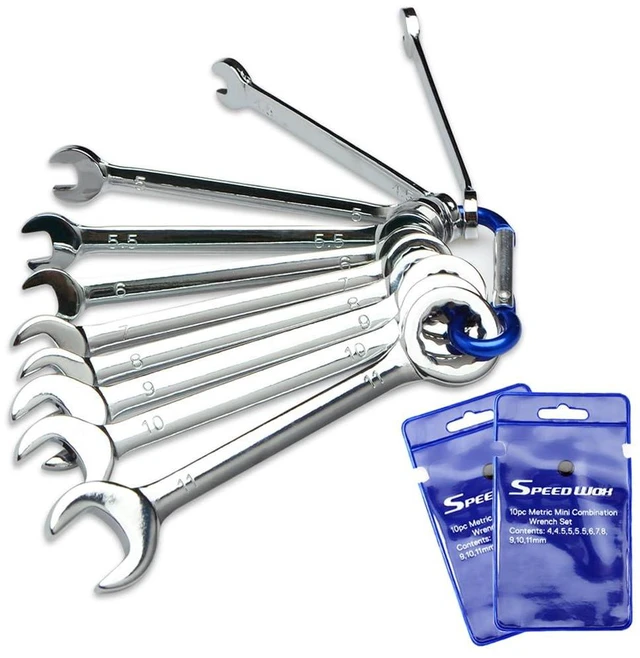 Main image of Mini Ignition Wrench Set Metric 10 Pcs 4mm-11mm Spanner Wrench | Open End and Box End Combination Spanner, Storage Pouches and Key Chains for Assembling Furniture Small Equipment