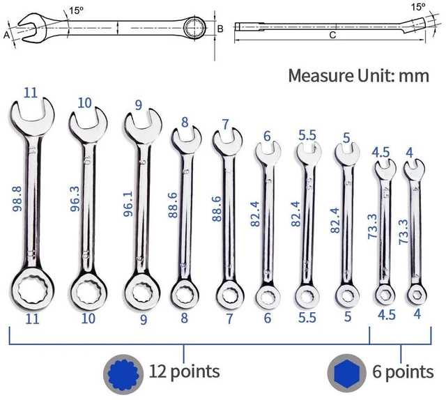 Alt view image 6 of 7 - Mini Ignition Wrench Set Metric 10 Pcs 4mm-11mm Spanner Wrench | Open End and Box End Combination Spanner, Storage Pouches and Key Chains for Assembling Furniture Small Equipment