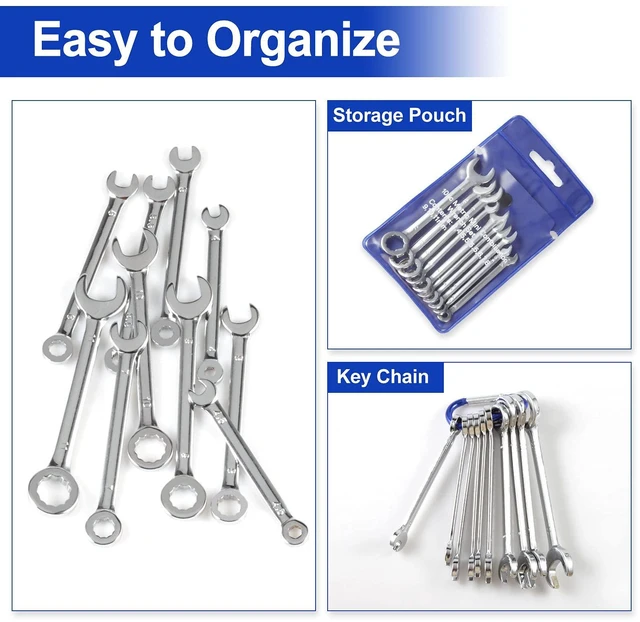 Alt view image 5 of 7 - Mini Ignition Wrench Set Metric 10 Pcs 4mm-11mm Spanner Wrench | Open End and Box End Combination Spanner, Storage Pouches and Key Chains for Assembling Furniture Small Equipment