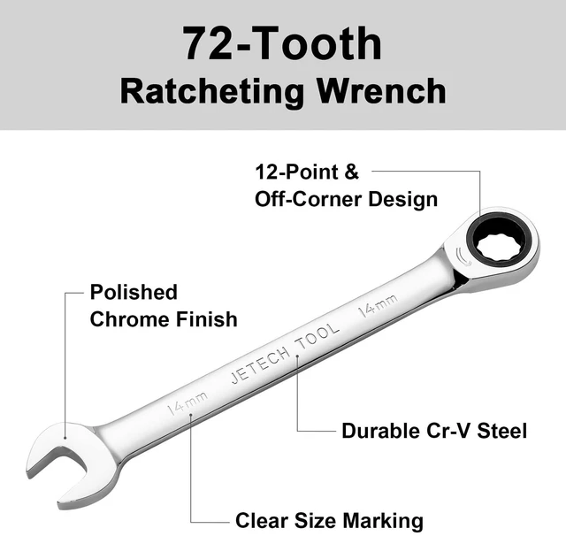 Alt view image 3 of 7 - 14mm Ratchet Wrench, Ratcheting Combination Wrench Metric, Industrial Grade Gear Spanner with 12-Point Design, 72-Tooth Ratchet, Chrome Vanadium Steel for Auto & DIY Repair