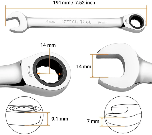 Alt view image 2 of 7 - 14mm Ratchet Wrench, Ratcheting Combination Wrench Metric, Industrial Grade Gear Spanner with 12-Point Design, 72-Tooth Ratchet, Chrome Vanadium Steel for Auto & DIY Repair