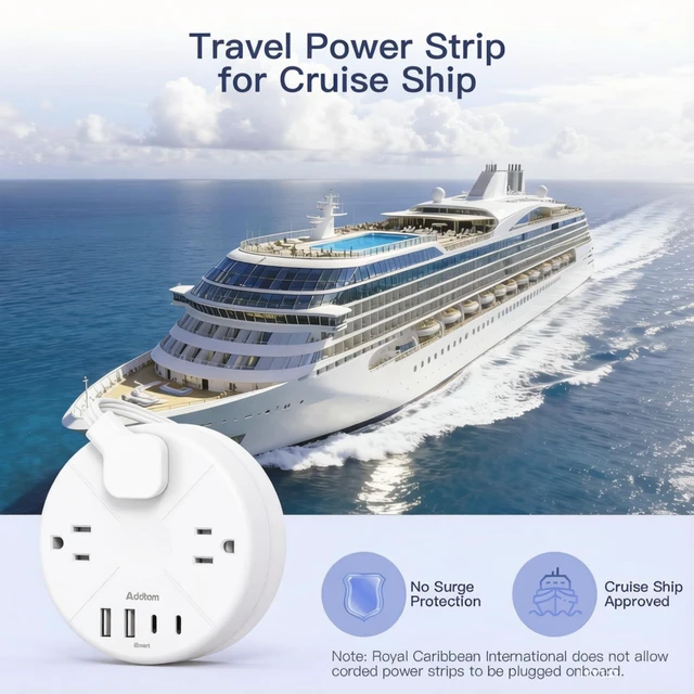 Alt view image 5 of 7 - Travel Esstentials - Cruise Approved Power Strip with 5ft Retractable Cord | Ultra Thin Flat Plug, Addtam 3 Outlets 4 USB (2 USB C), Non Surge Protector for Travel/Cruise/Home/Dorm/Office, ETL Listed