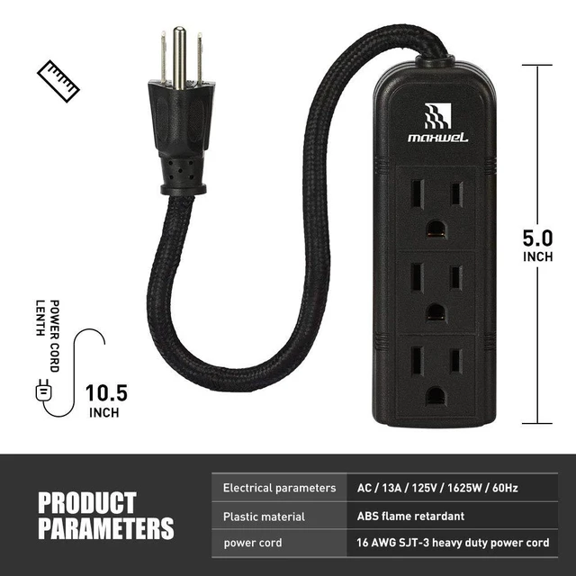 Alt view image 2 of 4 - Strip Wall Mountable - ETL Listed 3 Grounded Outlets 10 Inch Braided Short Cord Black Mini Power Strips with No Surge Protector AC 13A 125V 1625W Outlets Compact Extension for Travelling
