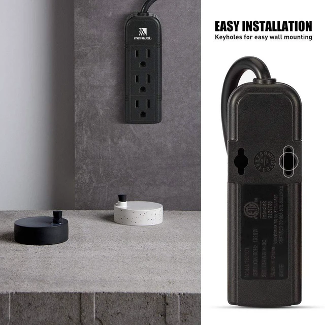 Alt view image 4 of 4 - Strip Wall Mountable - ETL Listed 3 Grounded Outlets 10 Inch Braided Short Cord Black Mini Power Strips with No Surge Protector AC 13A 125V 1625W Outlets Compact Extension for Travelling