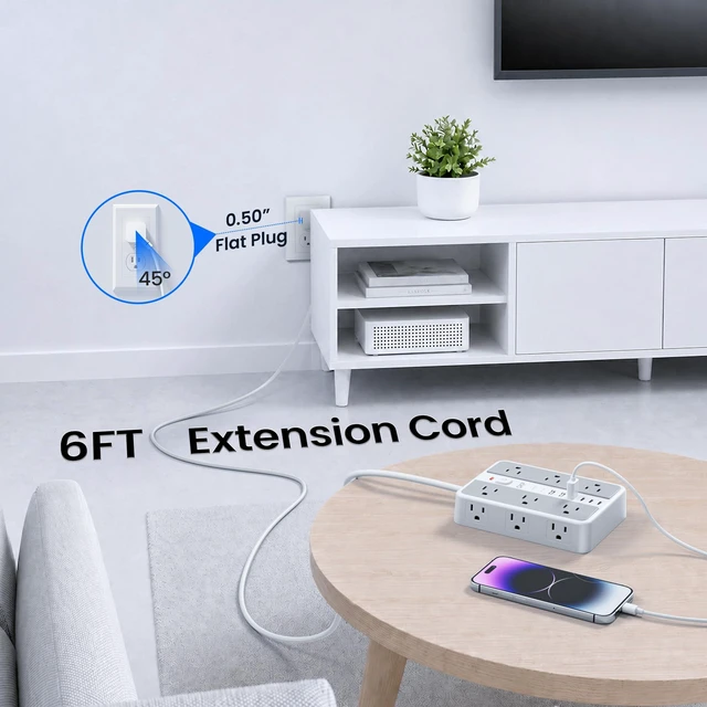 Alt view image 5 of 7 - 6 FT/ 2400J Surge Protector Power Strip, 12 Outlets, 6 USB (3 USB C) | 3 USB-A & 3 USB-C Ports, 1.7" Wide-Spaced Outlets2400J Surge Protection, 1875W/15A Flat Plug Extension Cord for Home, Office