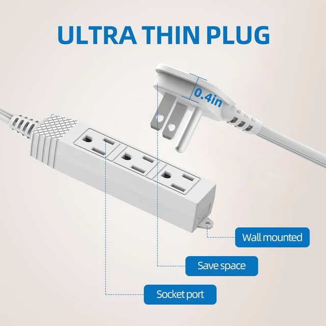 Alt view image 2 of 7 - Flat Plug Extension Cord, 6 FT 3 Prong Outlet Strip, 3 Grounded Outlets for Home Office and Travel, 13A/1625W, ETL Listed