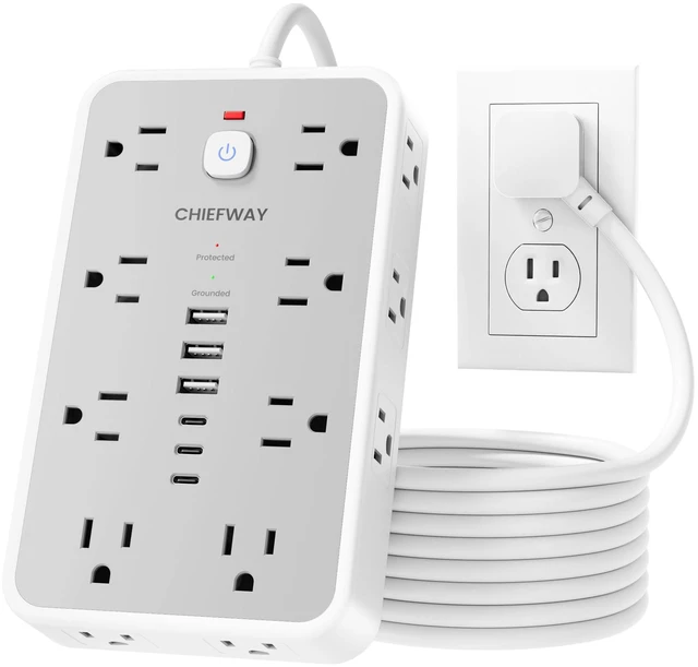 Main image of 6 FT Surge Protector Power Strip with 6 USB, 16 Outlets, 2400J | 3 USB-A & 3 USB-C Ports, 1.7" Wide-Spaced Outlets, 1875W/15A, Flat Plug, 4-Sided Design for Home, Office, Dorm & Gaming