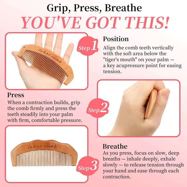Alt view image 4 of 7 - Comb for Labor - Natural Wooden Pregnancy Essential and New Mom Gift | Natural Wooden Birth Comb Offers Handheld Focus during Labor and Doubles as a Baby Comb, Shower Comb and New Mom Gift.