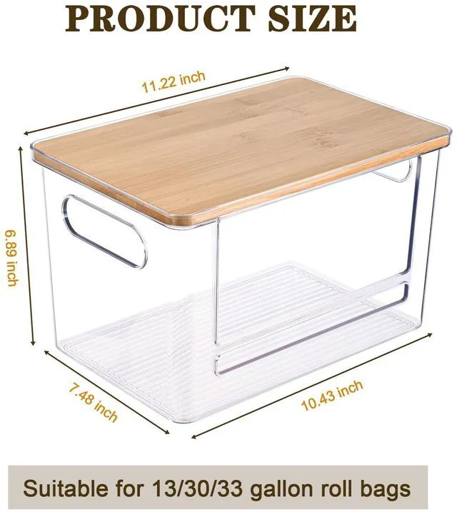 Alt view image 2 of 7 - Trash Bag Dispenser Under Sink Organizer for Pantry, Kitchen | Acrylic Garbage Bag Dispenser, with Bamboo Top & Handles, Extra Large, Keep Onions and Potatoes Neat, Clear, Stackable