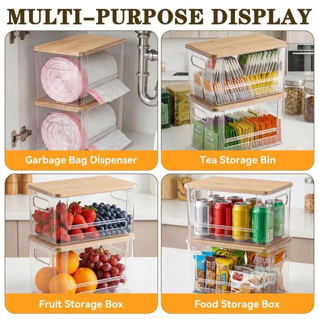 Alt view image 5 of 7 - Trash Bag Dispenser Under Sink Organizer for Pantry, Kitchen | Acrylic Garbage Bag Dispenser, with Bamboo Top & Handles, Extra Large, Keep Onions and Potatoes Neat, Clear, Stackable