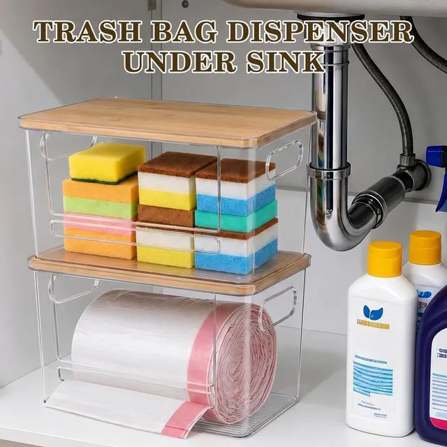 Alt view image 4 of 7 - Trash Bag Dispenser Under Sink Organizer for Pantry, Kitchen | Acrylic Garbage Bag Dispenser, with Bamboo Top & Handles, Extra Large, Keep Onions and Potatoes Neat, Clear, Stackable