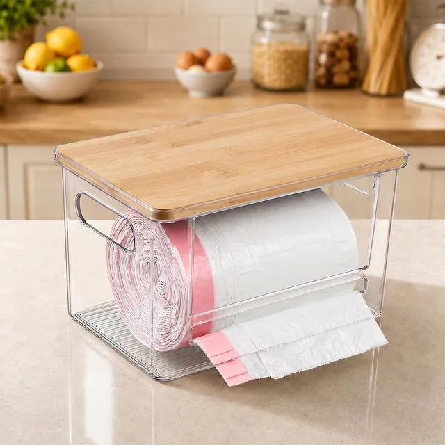 Alt view image 6 of 7 - Trash Bag Dispenser Under Sink Organizer for Pantry, Kitchen | Acrylic Garbage Bag Dispenser, with Bamboo Top & Handles, Extra Large, Keep Onions and Potatoes Neat, Clear, Stackable