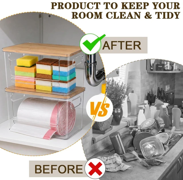 Alt view image 7 of 7 - Trash Bag Dispenser Under Sink Organizer for Pantry, Kitchen | Acrylic Garbage Bag Dispenser, with Bamboo Top & Handles, Extra Large, Keep Onions and Potatoes Neat, Clear, Stackable