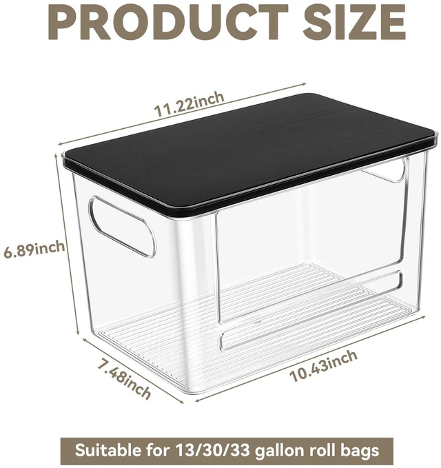 Alt view image 2 of 7 - Trash Bag Dispenser Under Sink Organizer for Pantry, Kitchen | Acrylic Garbage Bag Dispenser, with Black Bamboo Top & Handles, Extra Large, Keep Onions and Potatoes Neat, Clear, Stackable