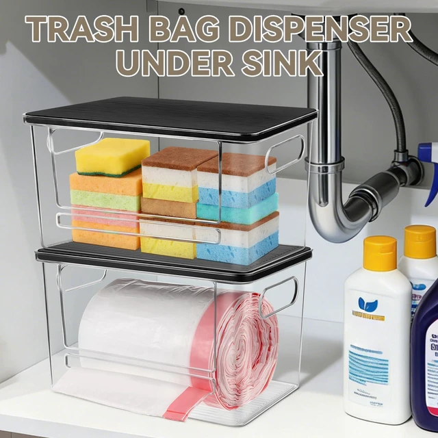 Alt view image 3 of 7 - Trash Bag Dispenser Under Sink Organizer for Pantry, Kitchen | Acrylic Garbage Bag Dispenser, with Black Bamboo Top & Handles, Extra Large, Keep Onions and Potatoes Neat, Clear, Stackable