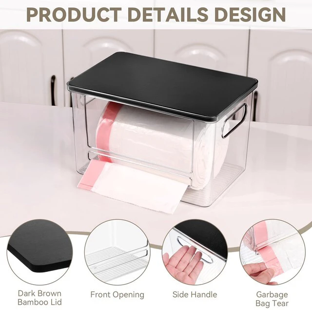 Alt view image 4 of 7 - Trash Bag Dispenser Under Sink Organizer for Pantry, Kitchen | Acrylic Garbage Bag Dispenser, with Black Bamboo Top & Handles, Extra Large, Keep Onions and Potatoes Neat, Clear, Stackable