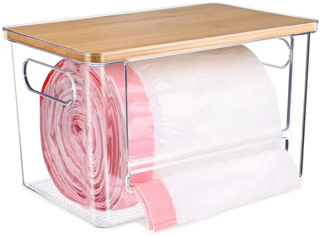 Main image of Trash Bag Dispenser Under Sink Organizer for Pantry, Kitchen | Acrylic Garbage Bag Dispenser, with Bamboo Top & Handles, Extra Large, Keep Onions and Potatoes Neat, Clear, Stackable
