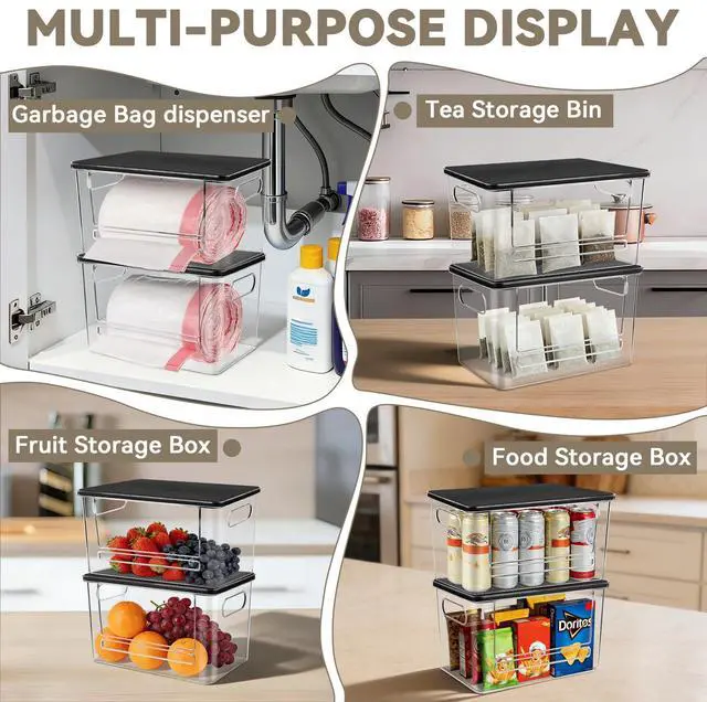 Alt view image 5 of 7 - Trash Bag Dispenser Under Sink Organizer for Pantry, Kitchen | Acrylic Garbage Bag Dispenser, with Black Bamboo Top & Handles, Extra Large, Keep Onions and Potatoes Neat, Clear, Stackable
