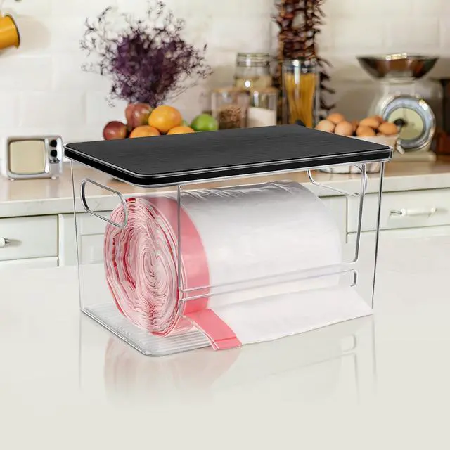 Alt view image 6 of 7 - Trash Bag Dispenser Under Sink Organizer for Pantry, Kitchen | Acrylic Garbage Bag Dispenser, with Black Bamboo Top & Handles, Extra Large, Keep Onions and Potatoes Neat, Clear, Stackable