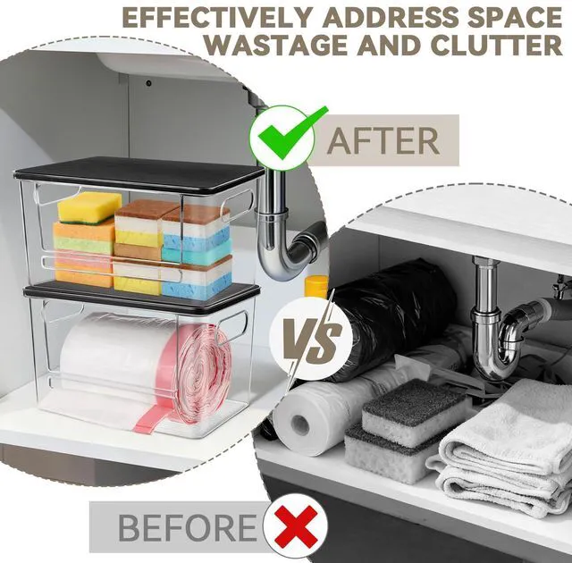 Alt view image 7 of 7 - Trash Bag Dispenser Under Sink Organizer for Pantry, Kitchen | Acrylic Garbage Bag Dispenser, with Black Bamboo Top & Handles, Extra Large, Keep Onions and Potatoes Neat, Clear, Stackable