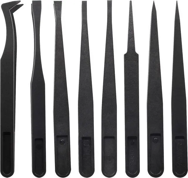 Main image of 8Pcs Precision Plastic Tweezers, 4.5-4.8 Inch Anti-Static Tweezers Set with Curved and Straight Tips for Electronics Assembly, Watch Repair, Crafts Making (114-123mm, Black)