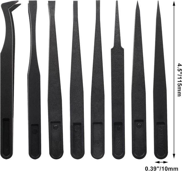Alt view image 2 of 7 - 8Pcs Precision Plastic Tweezers, 4.5-4.8 Inch Anti-Static Tweezers Set with Curved and Straight Tips for Electronics Assembly, Watch Repair, Crafts Making (114-123mm, Black)