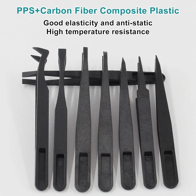 Alt view image 5 of 7 - 8Pcs Precision Plastic Tweezers, 4.5-4.8 Inch Anti-Static Tweezers Set with Curved and Straight Tips for Electronics Assembly, Watch Repair, Crafts Making (114-123mm, Black)