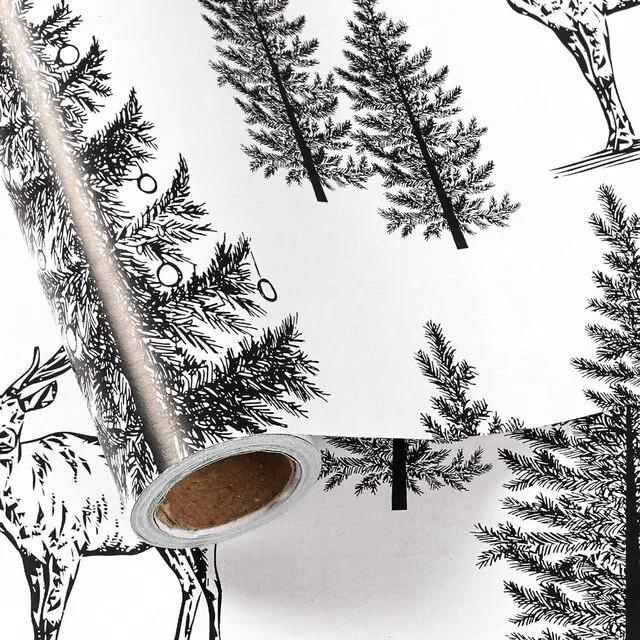 Main image of CNF Woodland Christmas Wrapping Paper Roll, Vintage Forest Reindeer & Snowy Pine Trees in Black White Sketch-style Design, Holiday Party Gift Wrap for Kids Boys Girls, Mini Roll 17 in x 16.4 Ft