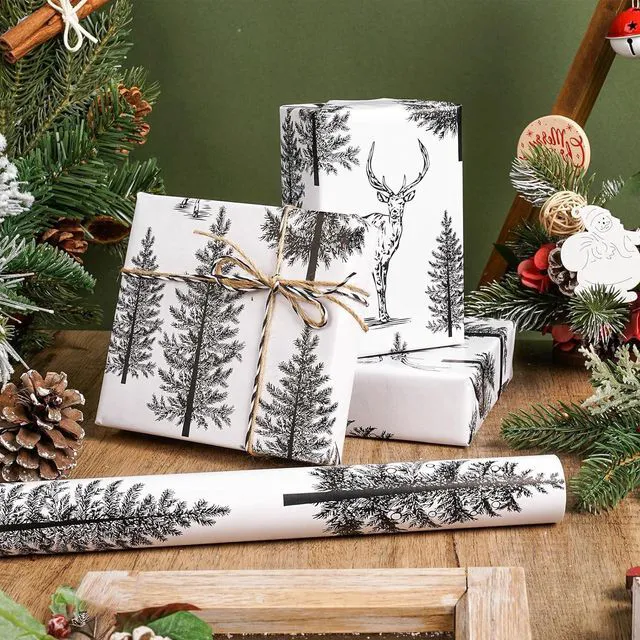 Alt view image 2 of 7 - CNF Woodland Christmas Wrapping Paper Roll, Vintage Forest Reindeer & Snowy Pine Trees in Black White Sketch-style Design, Holiday Party Gift Wrap for Kids Boys Girls, Mini Roll 17 in x 16.4 Ft
