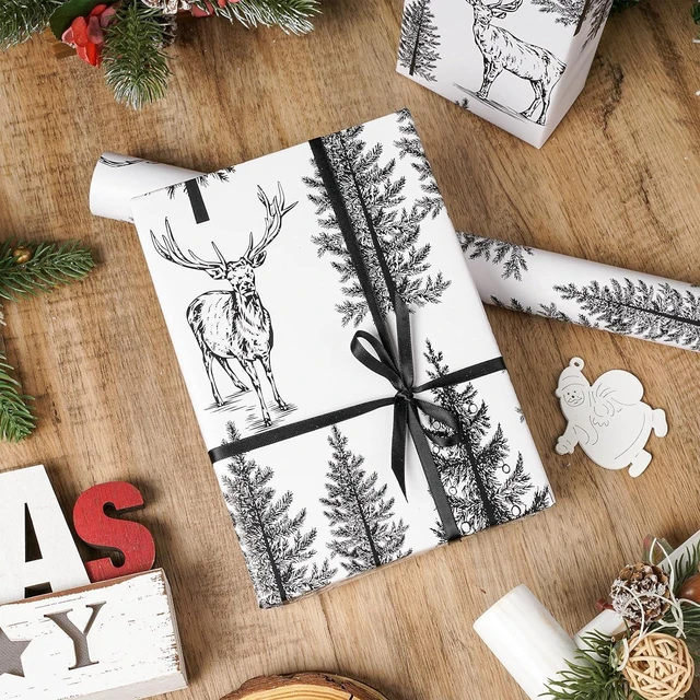 Alt view image 3 of 7 - CNF Woodland Christmas Wrapping Paper Roll, Vintage Forest Reindeer & Snowy Pine Trees in Black White Sketch-style Design, Holiday Party Gift Wrap for Kids Boys Girls, Mini Roll 17 in x 16.4 Ft