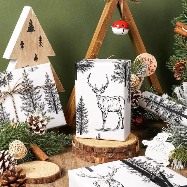 Alt view image 4 of 7 - CNF Woodland Christmas Wrapping Paper Roll, Vintage Forest Reindeer & Snowy Pine Trees in Black White Sketch-style Design, Holiday Party Gift Wrap for Kids Boys Girls, Mini Roll 17 in x 16.4 Ft